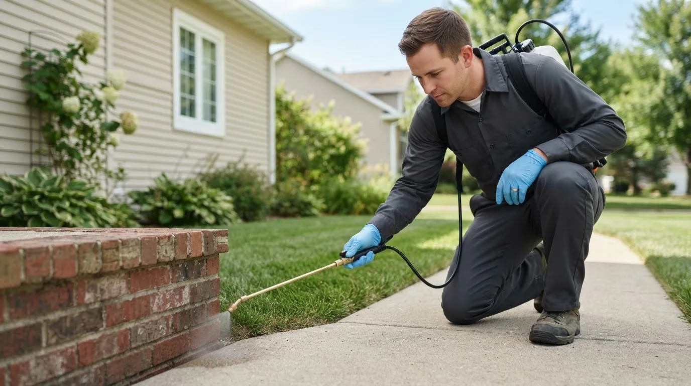 Pest control technician treating a home near Lagrange, ME