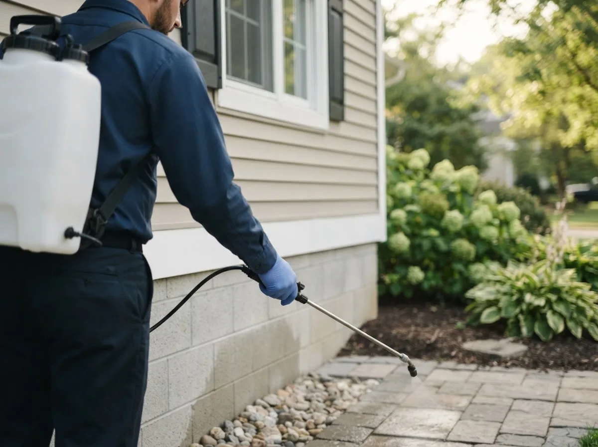 Pest control technician inspecting a home in Lagrange, ME